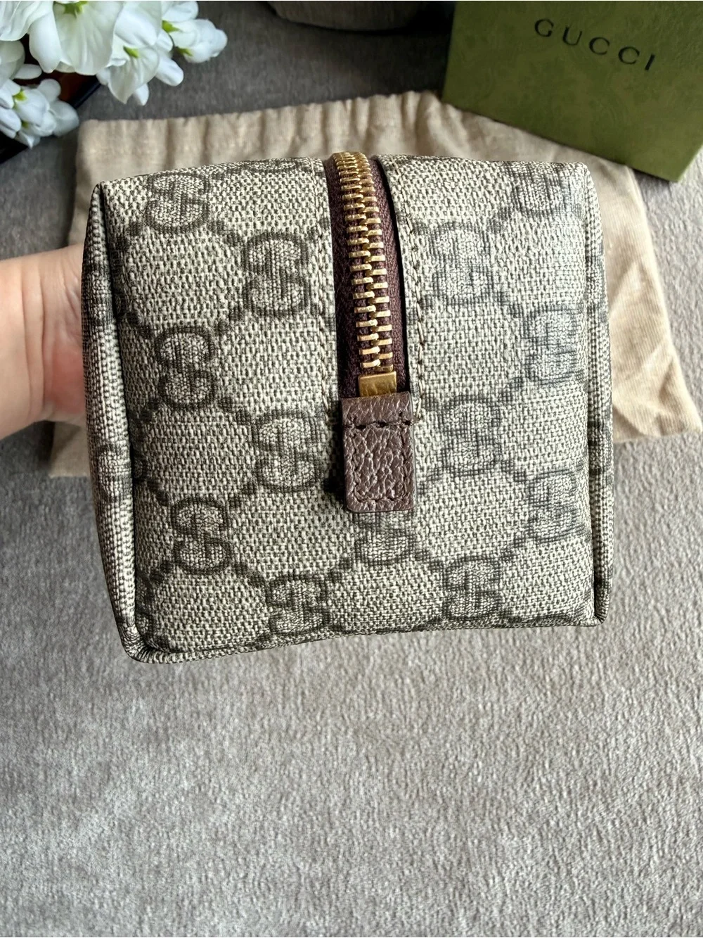 Gucci Beige GG Supreme Canvas Cosmetic Case with Brown Trim and Gold Hardware